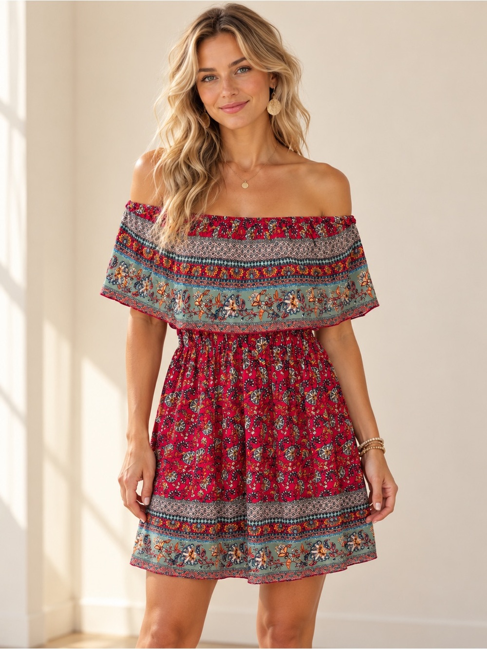 Boho Chic Off-Shoulder Floral Red Sundress